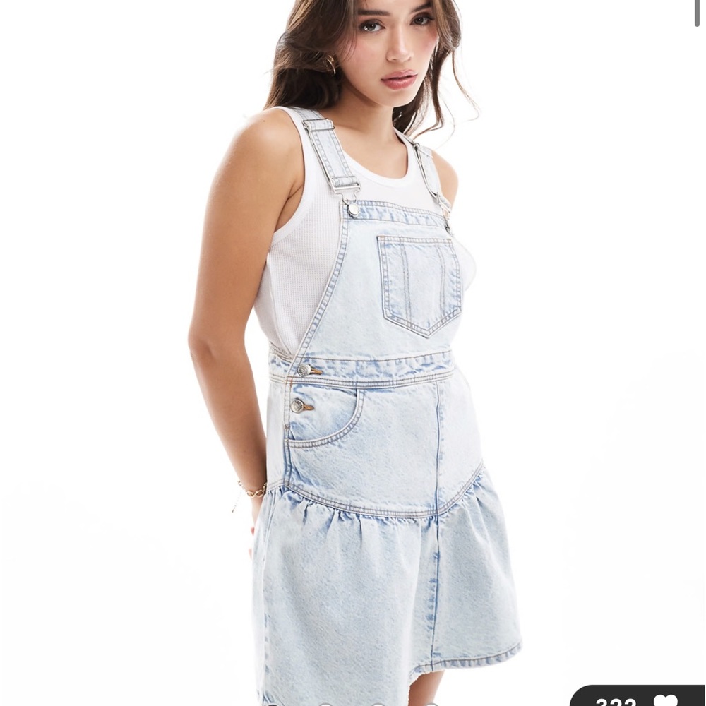 ASOS Miss Selfridge drop hem overall mini dress in light blue wash